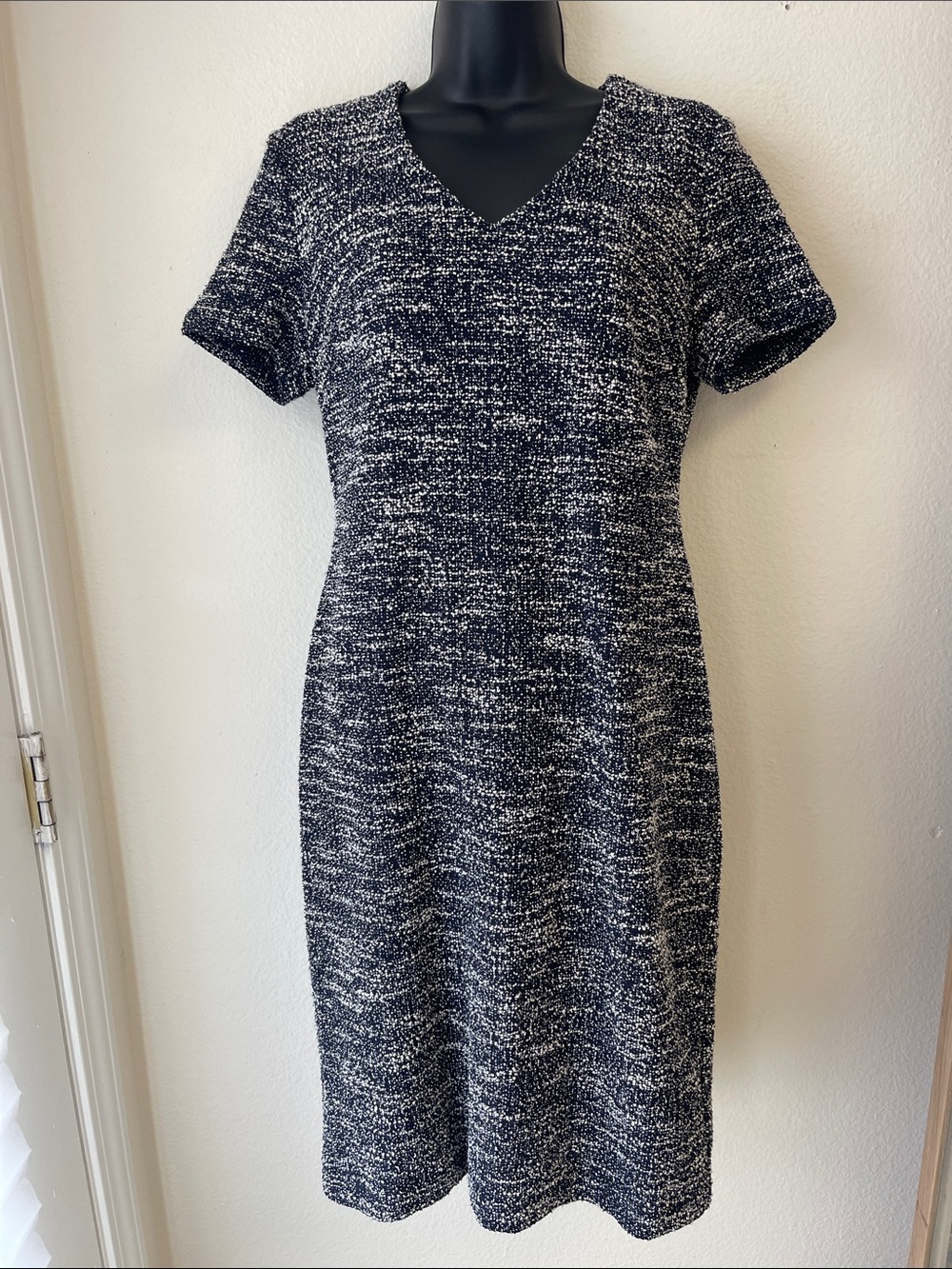 Banana Republic Black & White Tweed V-Neck Midi Dress